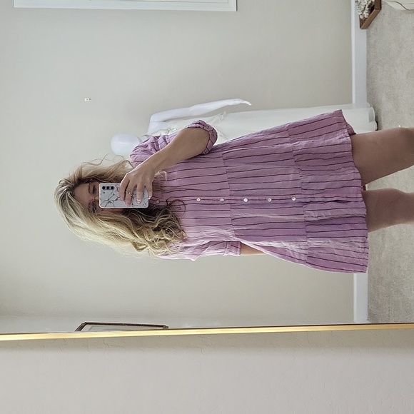 J.Jill Purple Shirt Dress Button Front Linen Stripe Rolled Sleeve Size M - Picture 5 of 14